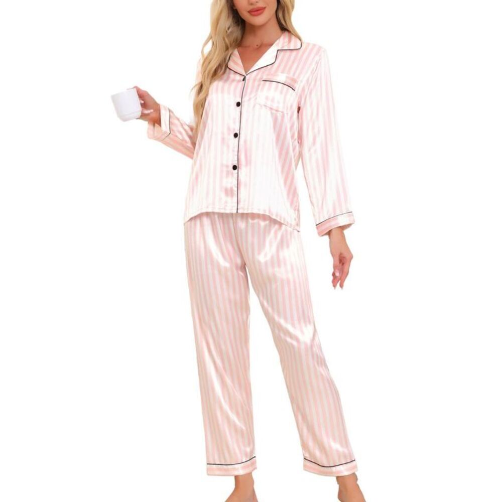 cheibear Women's Satin Floral Button Down Long Sleeve Lounge Set Pink